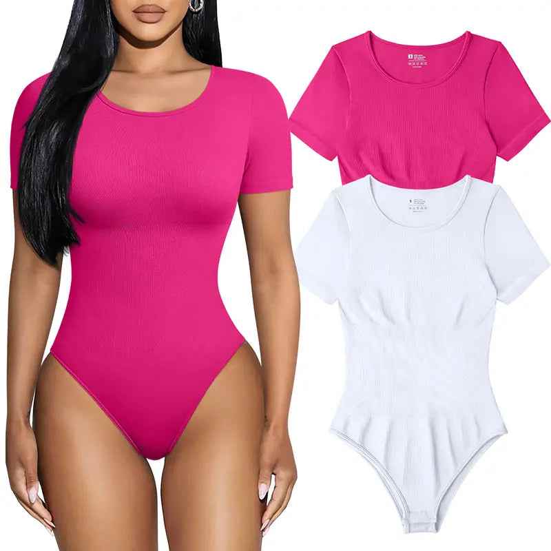 TOB Women'S 2 Piece Bodysuits Sexy Ribbed One Piece Short Sleeve Tops Bodysuits