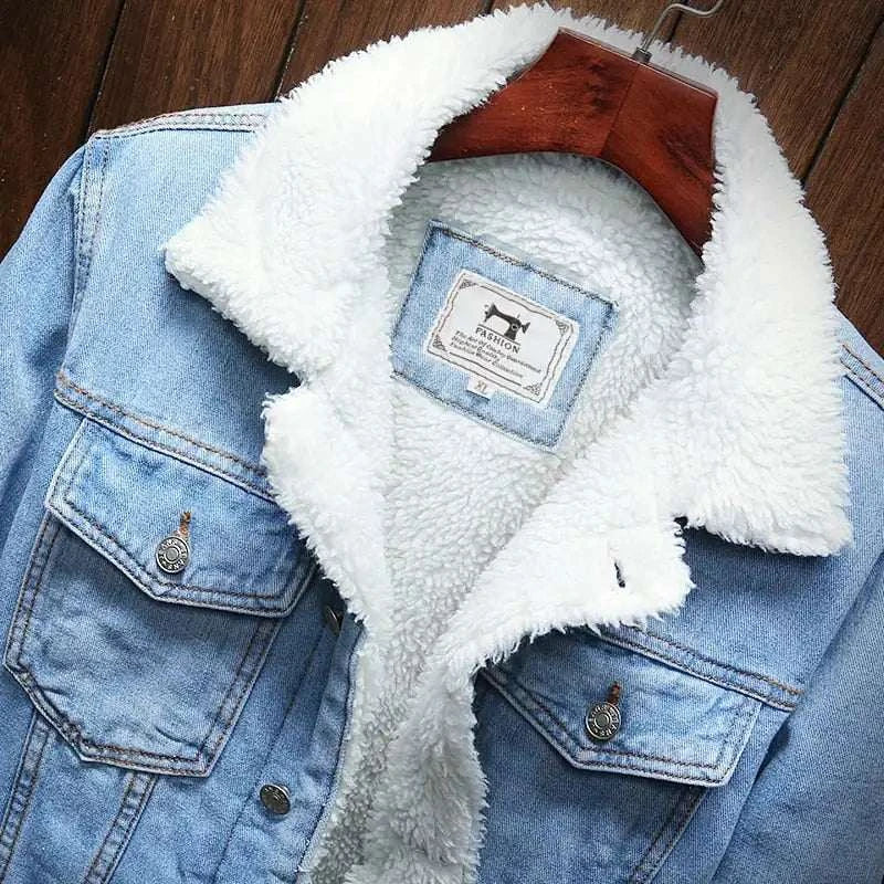 Men Light Blue Winter Jean Jackets Outerwear Warm Denim Coats New Men