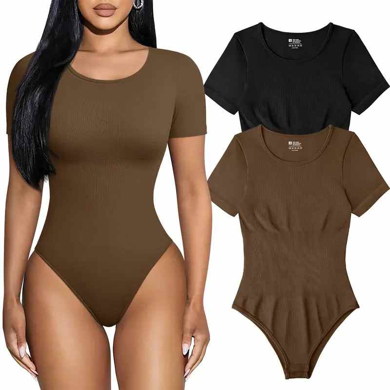 TOB Women'S 2 Piece Bodysuits Sexy Ribbed One Piece Short Sleeve Tops Bodysuits