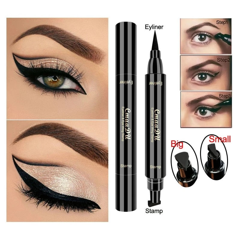 2 In1 Winged Stamp Liquid Eyeliner Pen Waterproof Fast Dry Black Eye