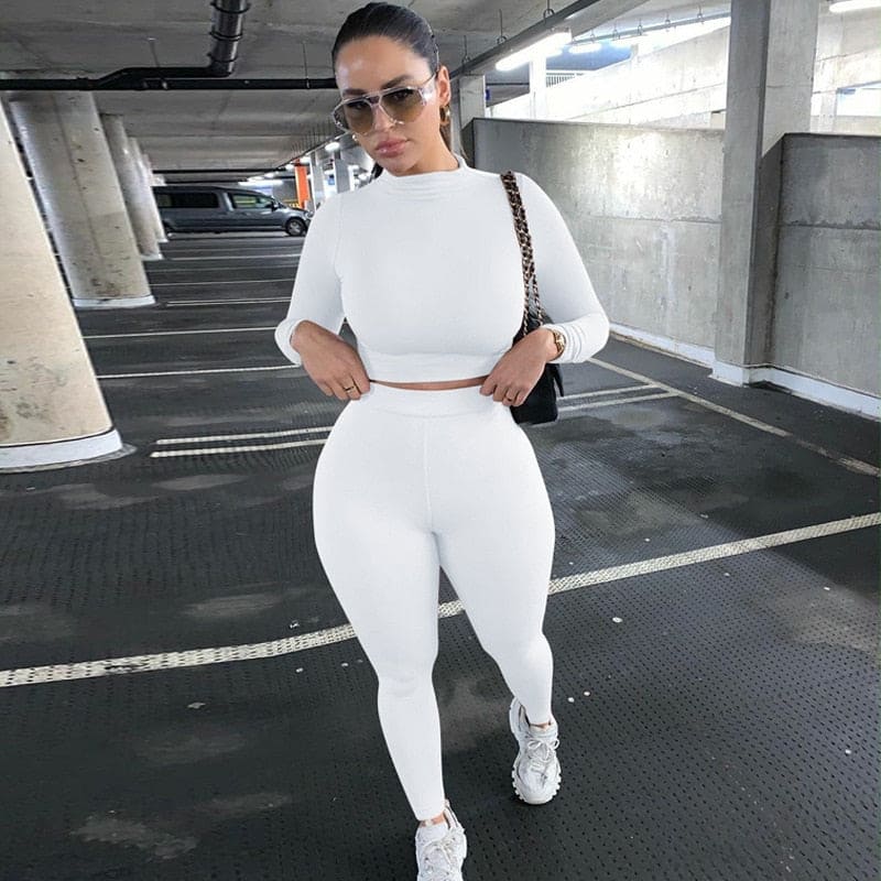 2 Piece Sets Sport Suit Celebrity Women Long Sleeve Crop Tops High Waist Leggings Pants Workout Seamless Clothes Tracksuit
