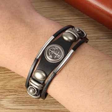 Vintage Leather Punk Anchor Men Bracelet Stainless Steel Bangle Chain