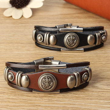 Vintage Leather Punk Anchor Men Bracelet Stainless Steel Bangle Chain