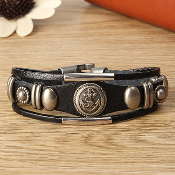 Vintage Leather Punk Anchor Men Bracelet Stainless Steel Bangle Chain