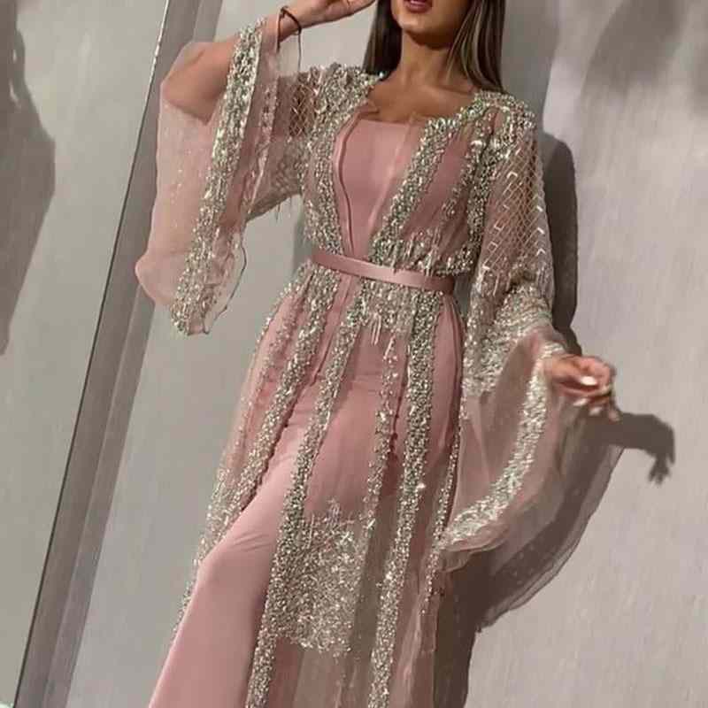 Ethnic Clothing Abaya Dubai Muslim Dress Luxury High Class Sequins Embroidery Lace Ramadan Kaftan Islam Kimono